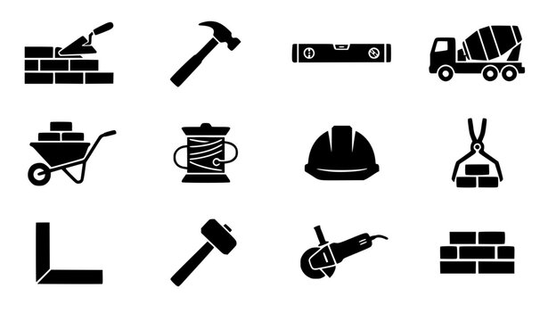 Building construction equipment silhouette icon set, brick wall, sledgehammer, square ruler, and concrete mixer truck