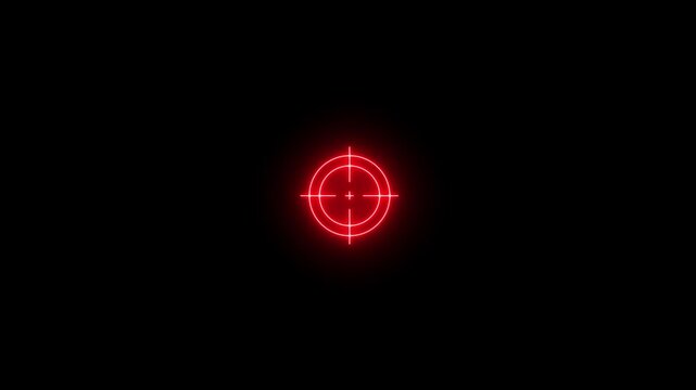 Neon glowing Gun target icon video animation on black background. Neon Bullseye target icon set with crosshairs and accuracy symbols video motion. Neon lighting sniper target animation.
