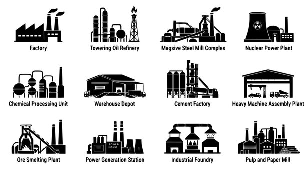 Industrial plants and manufacturing facilities vector silhouette set, ore smelting plant, foundry, and machine assembly plant isolated on white background