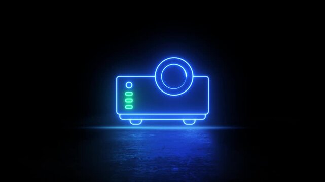  Neon glowing neon Overhead projector icon video animation on black background. Cinema camera icon animation. 