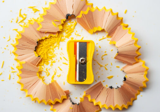 Yellow pencil sharpener with wooden pencil shavings