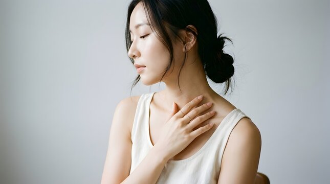 Young Asian woman gently touching collarbone in soft natural light portrait