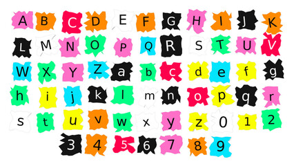 Fototapeta premium Alphabet and numbers set with uppercase and lowercase letters on colorful torn paper patches against white background for educational design projects and creative typography layouts.