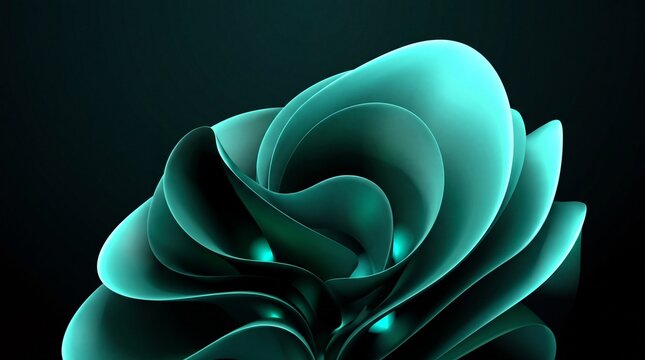 Abstract teal 3D flower petals, elegant turquoise wavy layers on black background, modern organic floral sculpture wallpaper