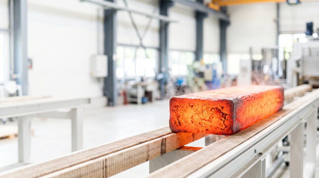 Red hot metal ingot cooling in an industrial workshop  