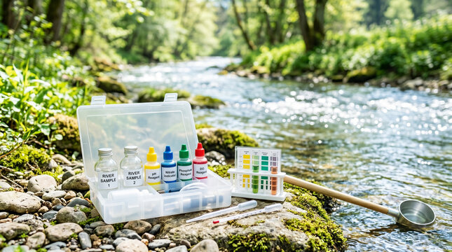 River water quality testing kit by a serene stream in a natural setting  