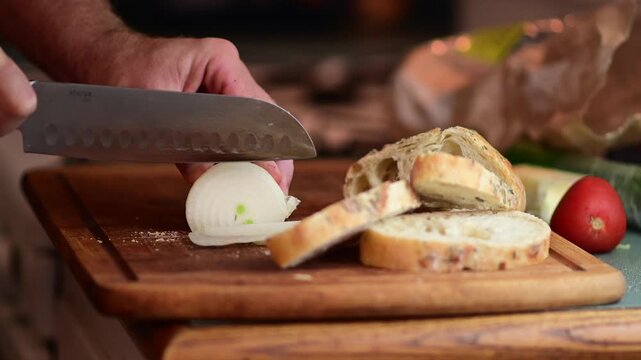 Sandwich making vegetarian food slicing, authentic man prepping morning sandwich, healthy eating, bokeh food background b roll video
