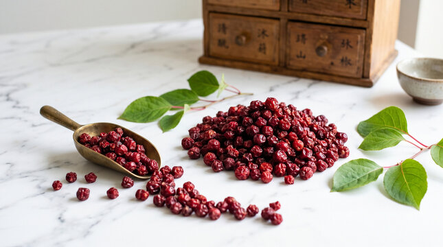 Dried schisandra berries with leaves on marble surface and wooden box  