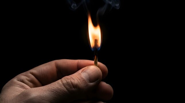 Hand Holding a Lighted Match with Bright Flame on Black Background, Symbol of Fire, Warmth, Energy, Hope, Ignition, Danger and Dramatic Minimalist Lighting