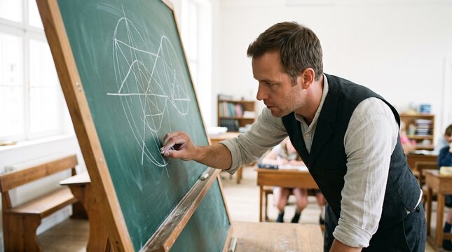 Male teacher drawing complex geometric diagrams on a green chalkboard during a geometry lesson in a traditional classroom setting
