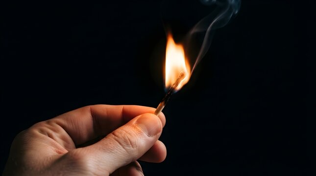 Hand Holding a Lighted Match with Bright Flame on Black Background, Symbol of Fire, Warmth, Energy, Hope, Ignition, Danger and Dramatic Minimalist Lighting
