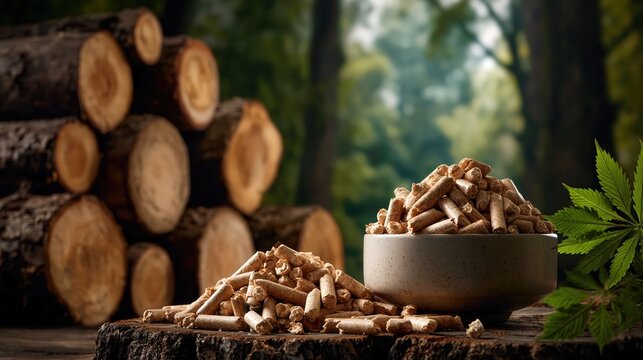 Wood pellets on forest stump beside stacked logs in soft morning light, showing renewable fuel, sustainable heating, natural texture, rustic woodland setting, and warm earthy colors
