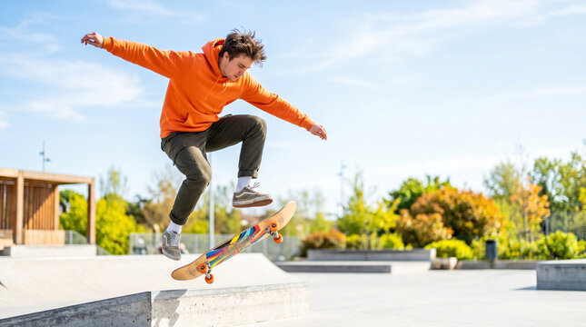 Young man performing skateboard trick attempting kickflip motion  
