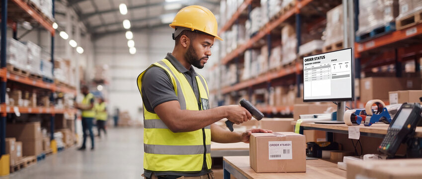 Warehouse worker scanning package in fulfillment center using handheld barcode reader by computer screen on desk, managing inventory logistics and e-commerce supply chain operations