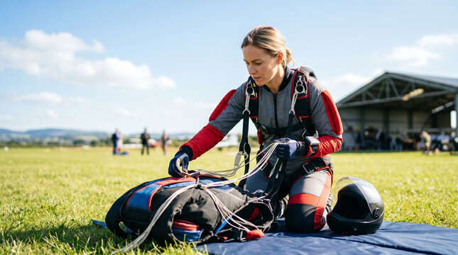 Woman preparing parachute gear while sitting on grass at airfield  