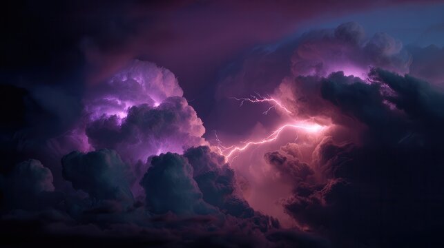 Dark storm clouds lit by vivid purple lightning with dramatic atmospheric depth, turbulent texture, smoky layers, glowing contrast and cinematic moody sky, with storm, cloud, lightning, purple detail