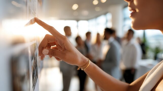 Close-up hand gesture toward printed presentation during modern office meeting, with blurred team in background and warm ambient light in collaborative workplace scene