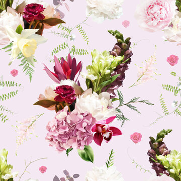 Bright and bold floral seamless pattern. Blush hydrangea, white peony, dark snapdragons, daffodil, lisianthus, orchid, sweet pea flowers and english bouquet herbs. Elements are isolated and editable