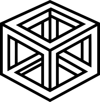 Impossible cube optical illusion, isometric geometric shape, black outline on transparent background.