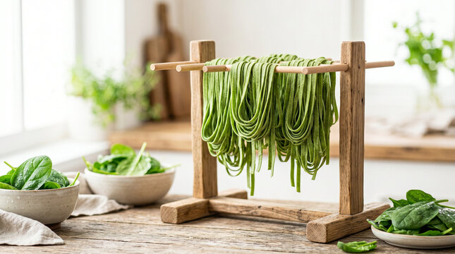 Spinach pasta drying on a wooden rack with fresh spinach leaves  