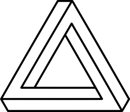 Penrose triangle impossible shape, geometric paradox, black outline on transparent background for art.