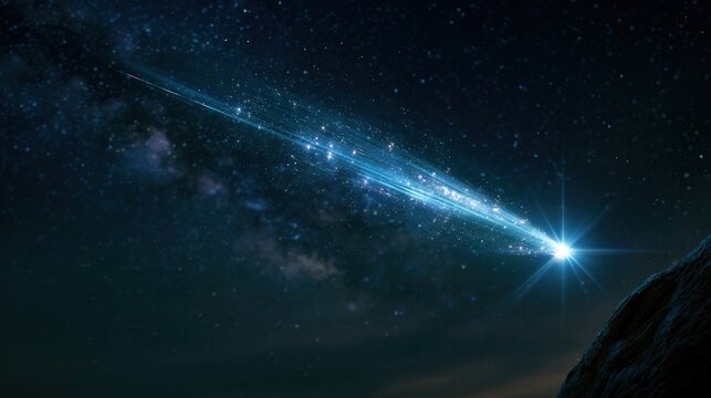 Bright meteor with luminous blue trail streaking across starry night sky over silhouetted landscape