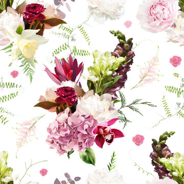 Bright and bold floral seamless pattern. Blush hydrangea, white peony, dark snapdragons, daffodil, lisianthus, orchid, sweet pea flowers and english bouquet herbs. Elements are isolated and editable