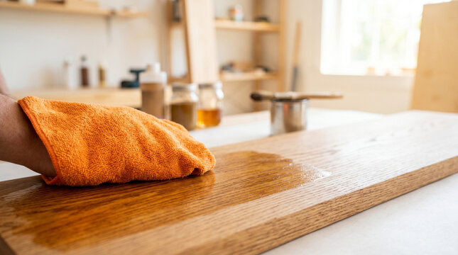 Hand wiping wood surface with orange rag in a bright workshop  