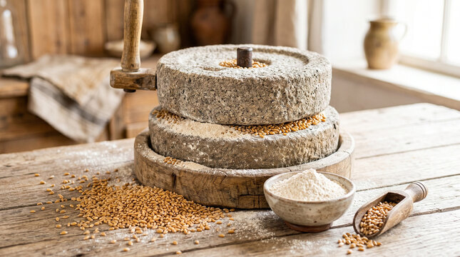 Stone grinding wheel for flour meal in rustic kitchen setting  