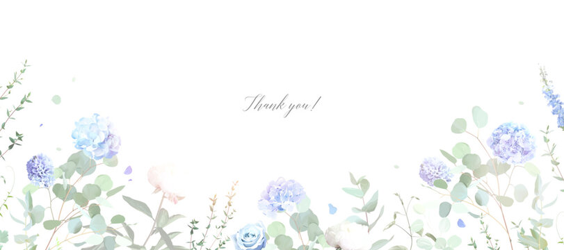 Dusty blue hydrangea, rose, hyacinth, eucalyptus vector frame. Hand painted branches, rose, hydrangea white background. Greenery wedding invitation. Watercolor card. Elements are isolated and editable