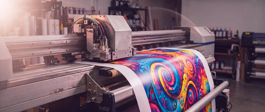 Large format printer printing colorful abstract artwork on roll paper in a modern workshop, utilizing advanced inkjet technology for commercial advertising and interior decor production