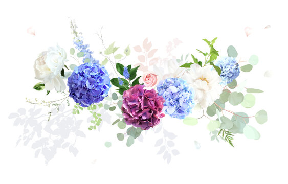 Bright roses, white lilac, hydrangea, hyacinth, ranunculus, greenery and branches floral vector bouquet. Bold colored watercolor. Blooming garden. Spring florals. Elements are isolated and editable