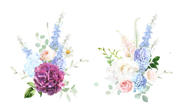 Bridgerton inspired pastel floral vector design bouquets. Blue delphinium, white peony, daisy, magnolia, pink rose, hydrangea, greenery and plants. All flowers and branches are isolated and movable.