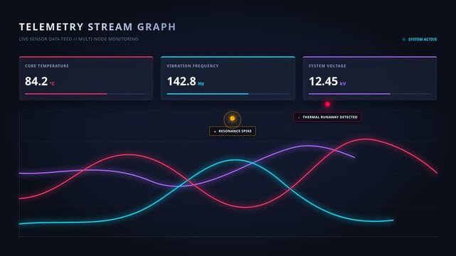 Digital telemetry stream graph with live sensor data hardware metrics, for real-time system monitoring, technical analysis, data visualization, network performance, diagnostics