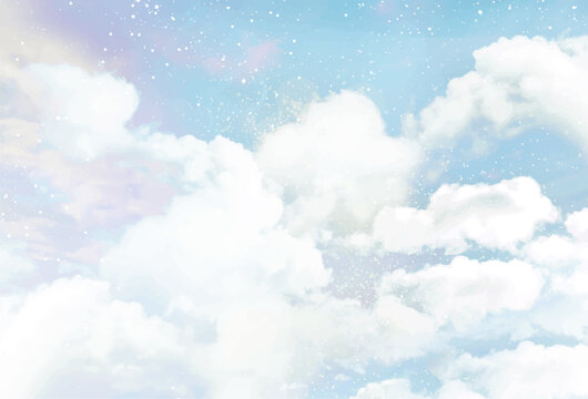 Sugar cotton pink clouds vector design background. Glamour fairytale backdrop. Plane sky view with stars and sunset. Watercolor style texture. Delicate card. Elegant decoration. Fantasy pastel color