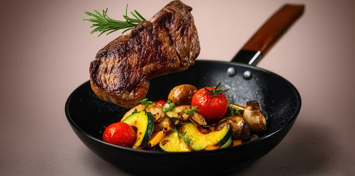 Two seared beef medallions tossed above skillet with roasted zucchini, yellow squash, baby potatoes, cherry tomatoes, and herb garnish in bright studio light for colorful food presentation
