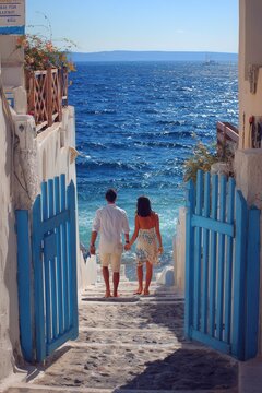 Couple walking through blue gate toward sunlit Aegean Sea, framed by whitewashed coastal village buildings, stone path, bougainvillea, terracotta pots, and bright Mediterranean light