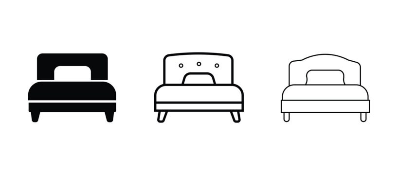Minimalist line art bed icon set featuring single and double beds with pillows and varying headboards for bedroom, hotel, or accommodation concepts