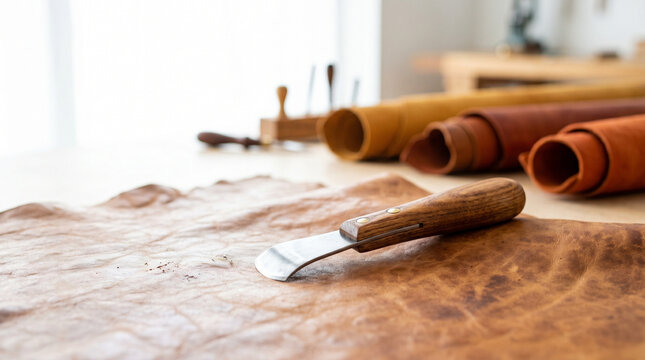 Traditional tanner hide scraping tool on leather background  