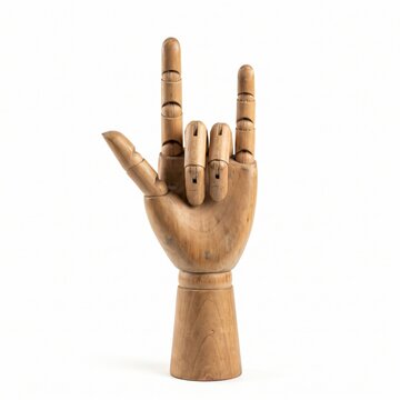 Wooden Mannequin Hand Making Rock Gesture on White Background