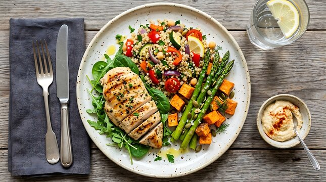 Grilled chicken breast with asparagus and quinoa salad on a rustic wooden table top view.
