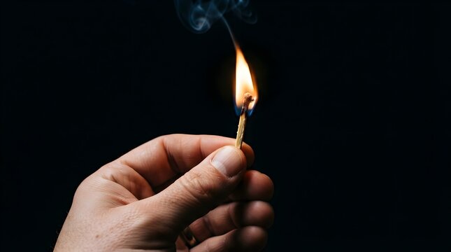 Hand Holding a Lighted Match with Bright Flame on Black Background, Symbol of Fire, Warmth, Energy, Hope, Ignition, Danger and Dramatic Minimalist Lighting