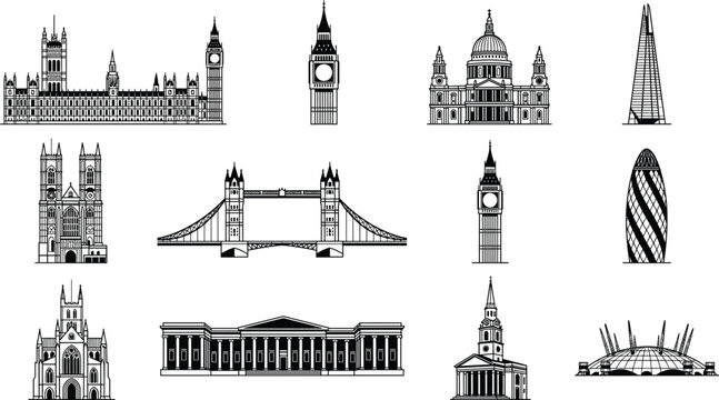London Landmark Icon Set with Black and White Architectural Vectors of Big Ben Tower Bridge Westminster Abbey and Famous United Kingdom City Buildings