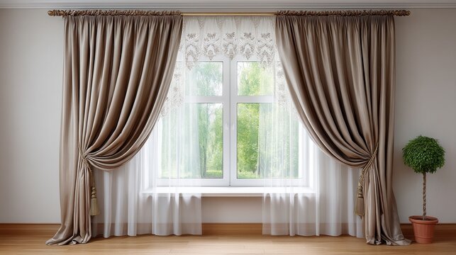 Rich soft brown curtains gathered beside bright window, showing graceful folds, textured fabric, warm daylight, neutral interior mood and elegant home decor detail