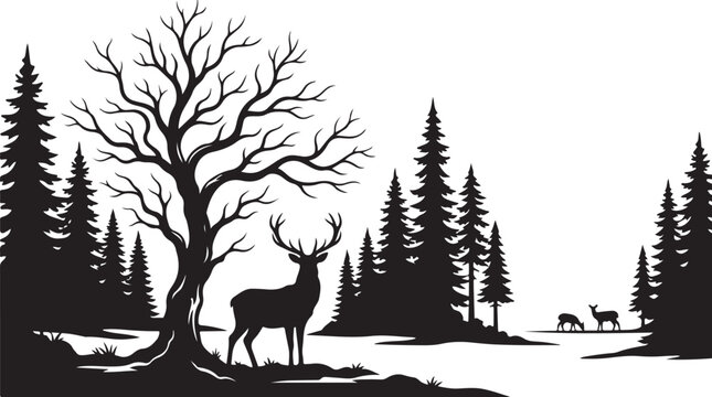 Black and white silhouette of a deer standing under a large tree in a forest landscape with other deer in the distance and pine trees