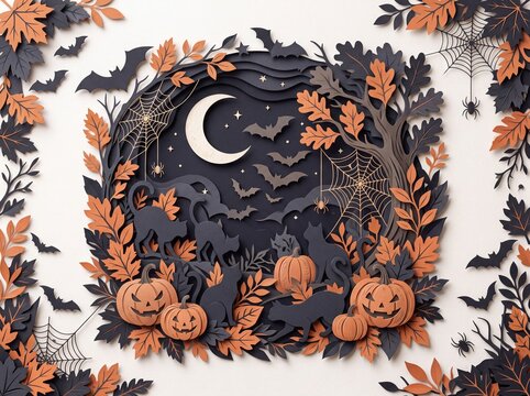 Halloween paper cut illustration features pumpkins bats and a crescent moon