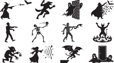 Fototapeta premium Set of black and white featuring various mythical creatures and monsters performing magical actions and spooky behaviors for halloween