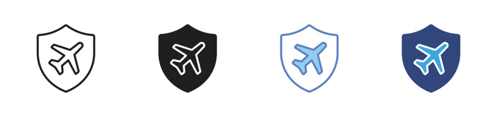 Fototapeta premium Airplane Shield Icon Set, Travel Insurance Symbols, Flight Safety, Aviation Security, Protected Travel Vector Icons