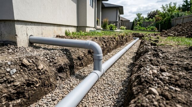 Residential exterior drainage network installation featuring connected pvc pipes in long gravel trench for landscape management.