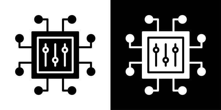 AI benchmark icon with chip and control sliders, for performance testing, AI benchmarking, and system evaluation apps
